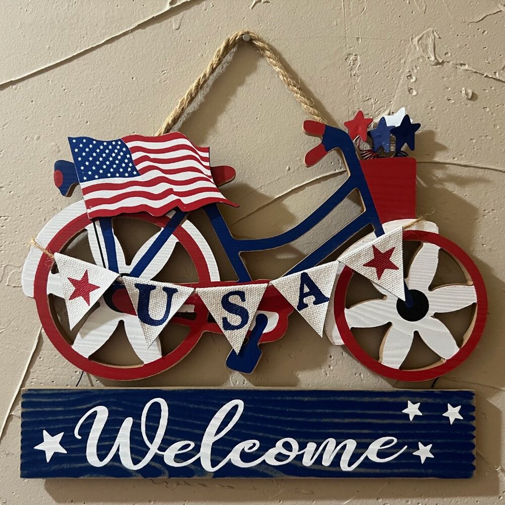 Patriotic USA Bicycle Welcome Sign Red White Blue Fourth of July Wall Hanging